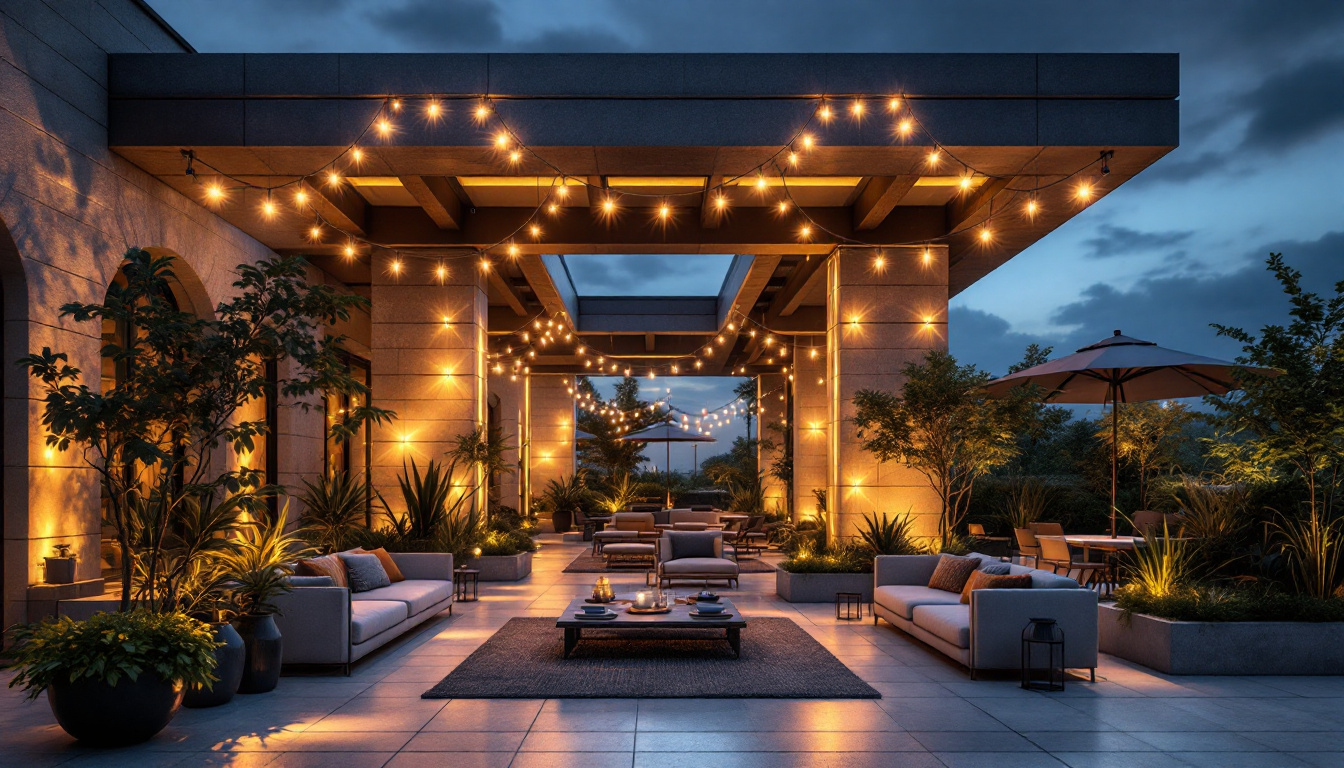 A photograph of a beautifully illuminated outdoor space showcasing a variety of lighting fixtures and techniques