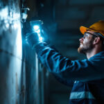 A photograph of a lighting contractor installing or adjusting led emergency lights in a dimly lit space
