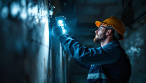 A photograph of a lighting contractor installing or adjusting led emergency lights in a dimly lit space