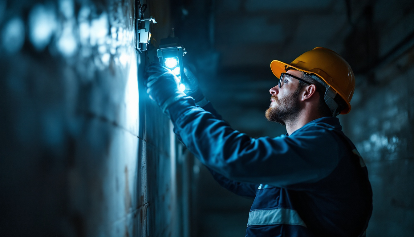 A photograph of a lighting contractor installing or adjusting led emergency lights in a dimly lit space
