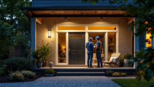 A photograph of a well-lit porch showcasing modern led lighting fixtures