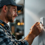 A photograph of a skilled lighting contractor installing or inspecting modern switches and outlets in a well-lit residential setting