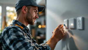 A photograph of a skilled lighting contractor installing or inspecting modern switches and outlets in a well-lit residential setting