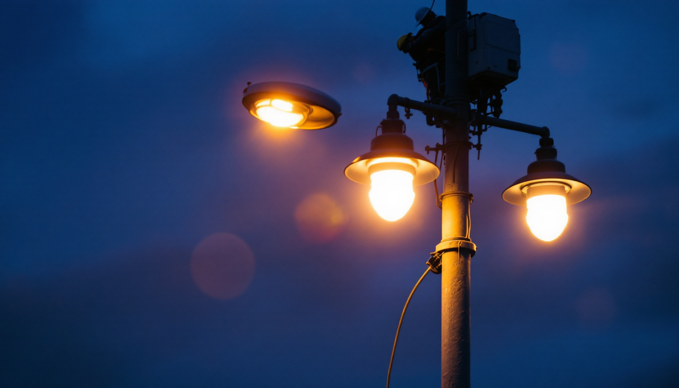 A photograph of a well-lit street pole at dusk with a lighting contractor installing or adjusting fixtures