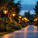 A photograph of a well-lit outdoor walkway featuring an array of solar-powered lights