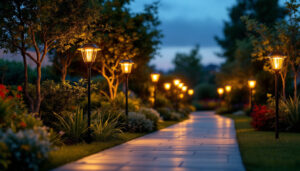 A photograph of a well-lit outdoor walkway featuring an array of solar-powered lights