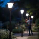 A photograph of capture a photograph of a well-lit outdoor space featuring stylish pole lamps illuminating a pathway or garden area