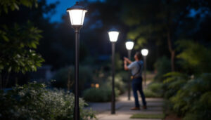 A photograph of capture a photograph of a well-lit outdoor space featuring stylish pole lamps illuminating a pathway or garden area