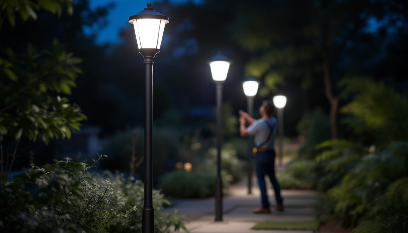 A photograph of capture a photograph of a well-lit outdoor space featuring stylish pole lamps illuminating a pathway or garden area