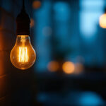 A photograph of a close-up of a flickering light bulb in a cozy