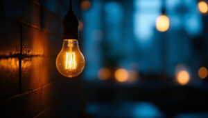 A photograph of a close-up of a flickering light bulb in a cozy