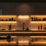 A photograph of a modern kitchen featuring sleek undercabinet led lighting that highlights the countertops and creates a warm ambiance