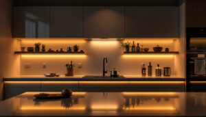 A photograph of a modern kitchen featuring sleek undercabinet led lighting that highlights the countertops and creates a warm ambiance