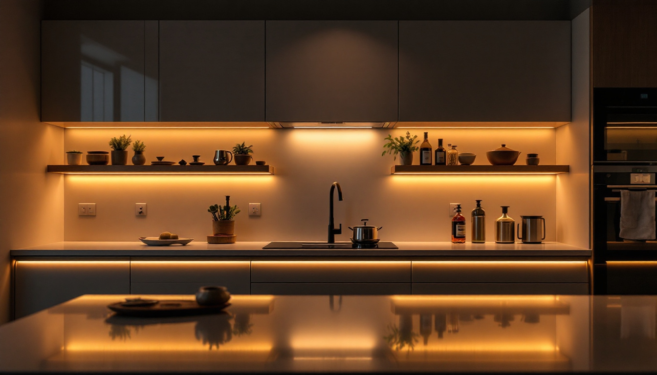 A photograph of a modern kitchen featuring sleek undercabinet led lighting that highlights the countertops and creates a warm ambiance