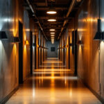 A photograph of a well-lit hallway showcasing a contrast between dim and bright areas