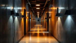 A photograph of a well-lit hallway showcasing a contrast between dim and bright areas