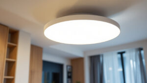 A photograph of a modern flat led ceiling light installed in a stylish interior space
