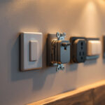 A photograph of a close-up of various types of electrical outlets installed in a modern home setting