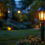 A photograph of a beautifully illuminated lawn lamp post in a picturesque outdoor setting during twilight