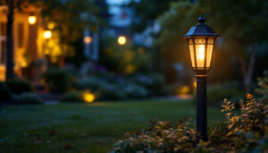 A photograph of a beautifully illuminated lawn lamp post in a picturesque outdoor setting during twilight