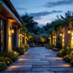 A photograph of a well-lit outdoor space featuring solar lanterns mounted on walls