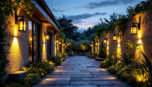 A photograph of a well-lit outdoor space featuring solar lanterns mounted on walls