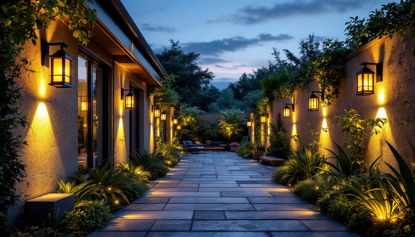 A photograph of a well-lit outdoor space featuring solar lanterns mounted on walls