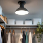 A photograph of a stylish and functional light fixture installed in a well-organized closet