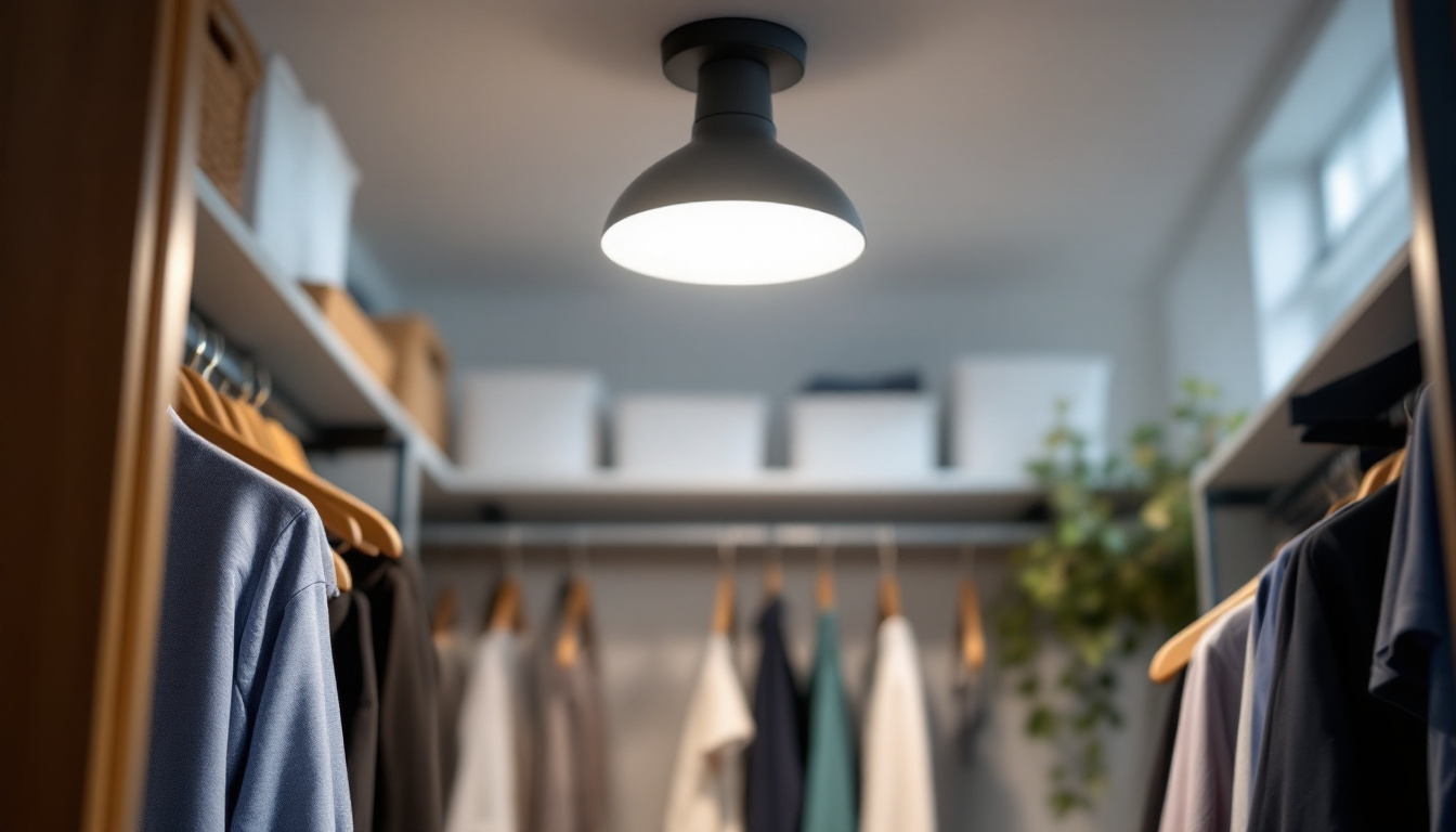 A photograph of a stylish and functional light fixture installed in a well-organized closet