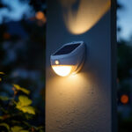 A photograph of a well-lit exterior scene showcasing solar motion detector lights in action