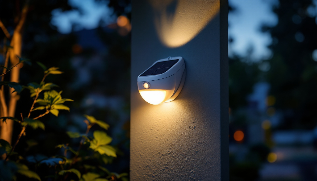 A photograph of a well-lit exterior scene showcasing solar motion detector lights in action