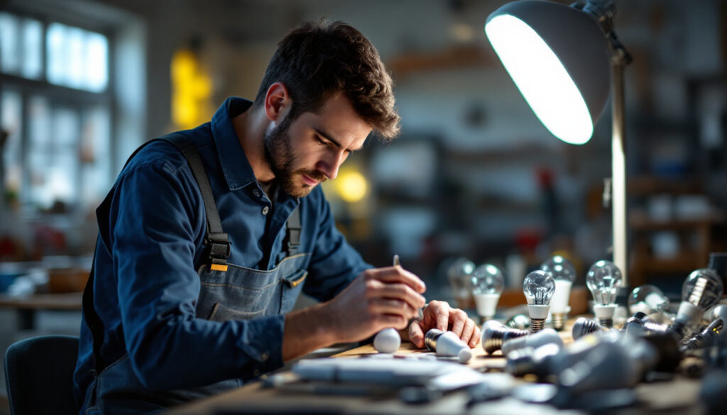 A photograph of a skilled lighting contractor examining various led lamp bulbs in a well-lit workshop