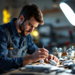 A photograph of a skilled lighting contractor examining various led lamp bulbs in a well-lit workshop