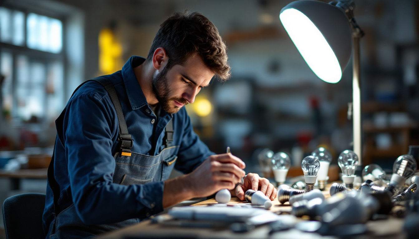 A photograph of a skilled lighting contractor examining various led lamp bulbs in a well-lit workshop