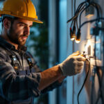 A photograph of a skilled lighting contractor installing high-amperage electric outlets in a modern residential setting
