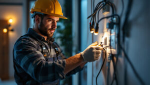 A photograph of a skilled lighting contractor installing high-amperage electric outlets in a modern residential setting