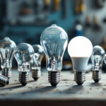 A photograph of a close-up of various standard light bulb bases arranged on a workbench