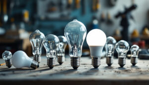 A photograph of a close-up of various standard light bulb bases arranged on a workbench