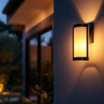 A photograph of a beautifully designed large outdoor wall lantern mounted on a stylish exterior wall