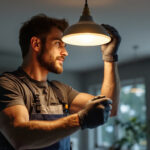 A photograph of a skilled lighting contractor expertly installing a stylish light fixture in a modern home setting