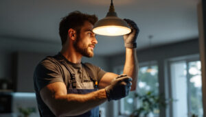 A photograph of a skilled lighting contractor expertly installing a stylish light fixture in a modern home setting