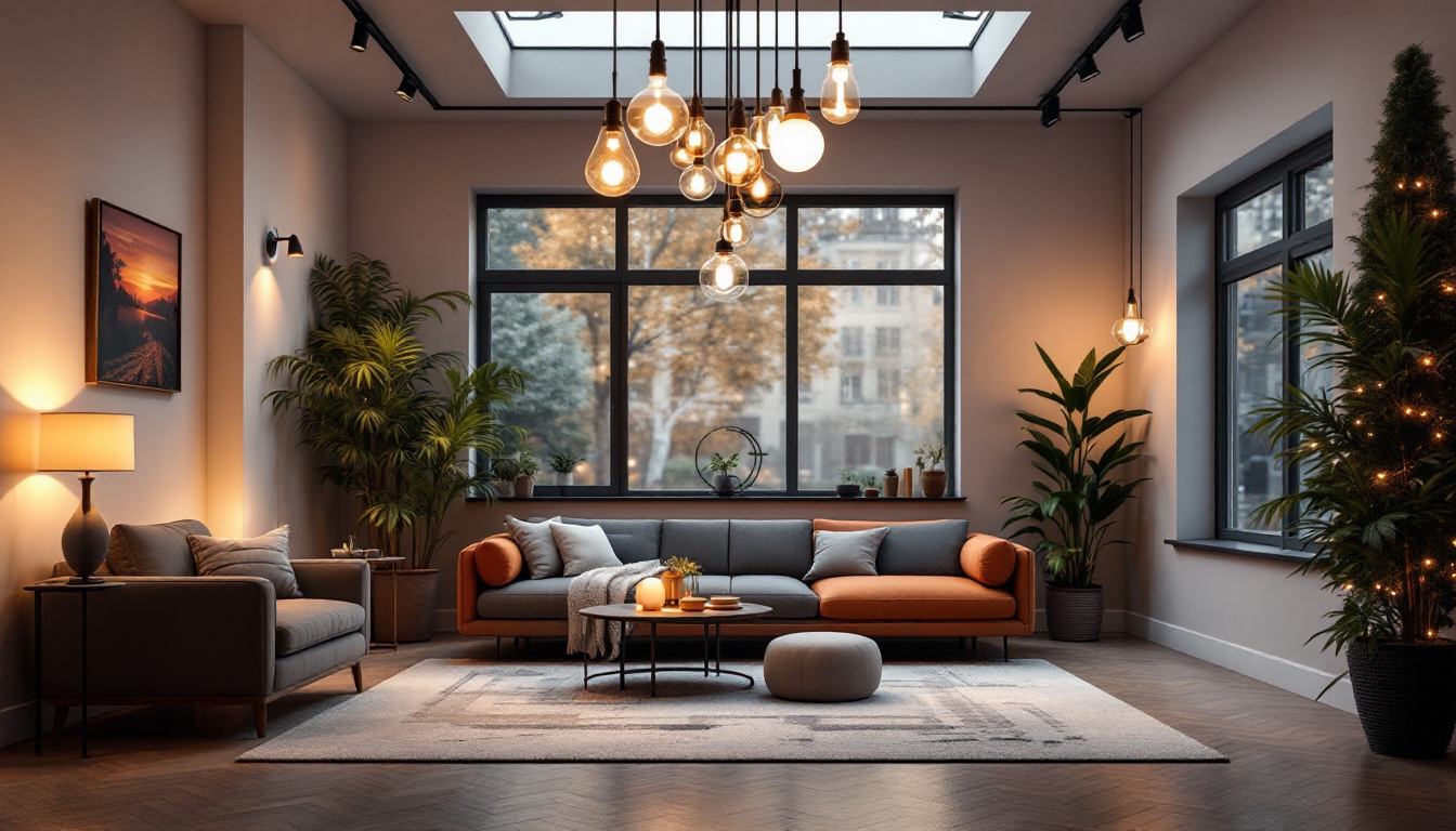 A photograph of a beautifully lit interior space that showcases a variety of stylish light fixtures and their effects on the ambiance
