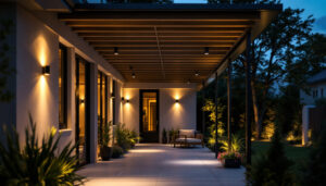 A photograph of a beautifully illuminated outdoor space showcasing various exterior track lighting installations