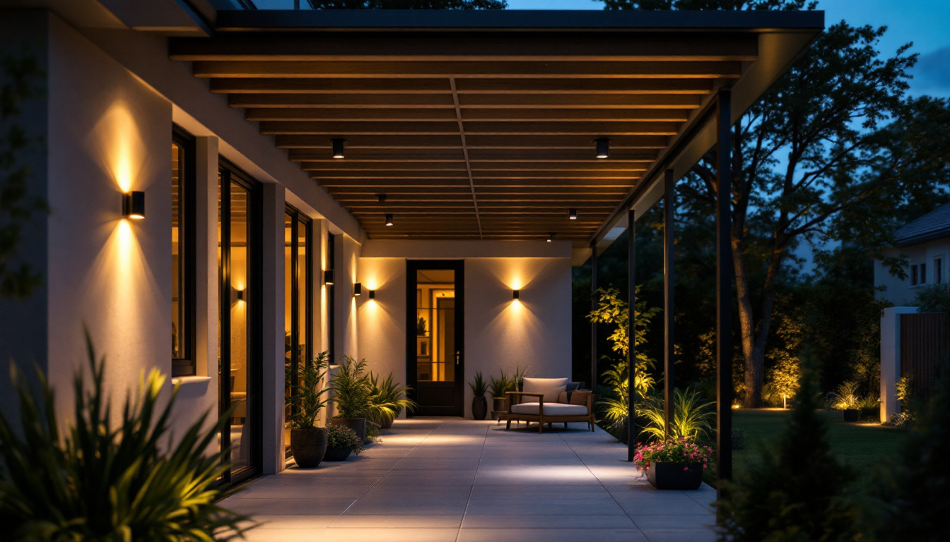 A photograph of a beautifully illuminated outdoor space showcasing various exterior track lighting installations