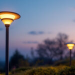 A photograph of a modern outdoor space illuminated by sleek led solar power lights at dusk