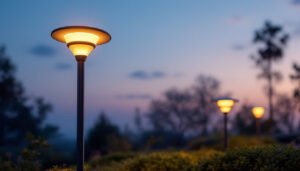 A photograph of a modern outdoor space illuminated by sleek led solar power lights at dusk