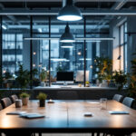 A photograph of a lighting contractor showcasing innovative office lighting solutions in a modern workspace