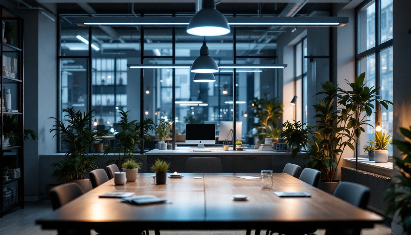 A photograph of a lighting contractor showcasing innovative office lighting solutions in a modern workspace