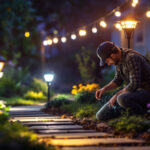 A photograph of a well-lit outdoor space showcasing various solar flood light fixtures installed in a garden or pathway setting