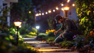 A photograph of a well-lit outdoor space showcasing various solar flood light fixtures installed in a garden or pathway setting